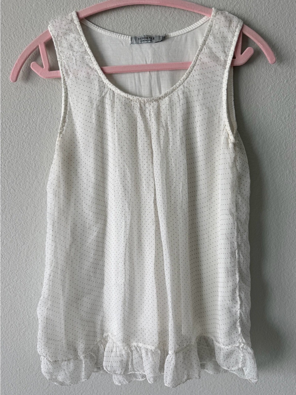 TENDENZE Silk Blouse Women’s M White Swiss Dot Sleveless Ruffle Hem Italy Boho